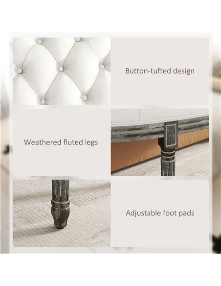 HOMCOM Half-Circle End Bench Ottoman Footstool Tufting Padded Seat Brushed Wood Base Antique Accents Home Seat Furniture Cream W