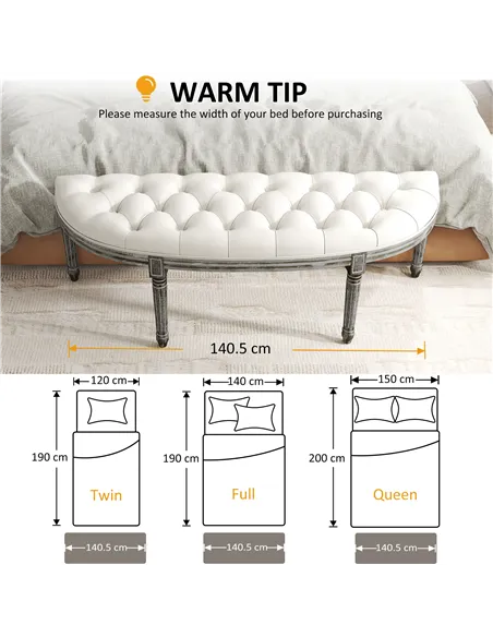 HOMCOM Half-Circle End Bench Ottoman Footstool Tufting Padded Seat Brushed Wood Base Antique Accents Home Seat Furniture Cream W
