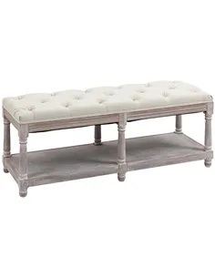 HOMCOM 2-Tier Bed End Bench, Vintage Stool, Wooden Window Seat with Storage Shelf, Button Tufted Upholstered Footstool for Livin