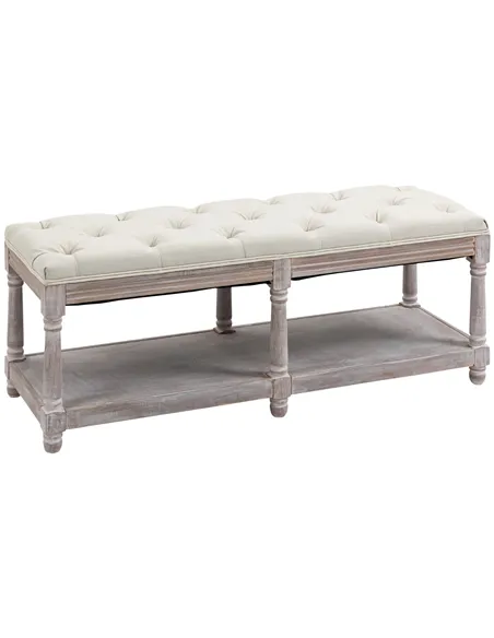 HOMCOM 2-Tier Bed End Bench, Vintage Stool, Wooden Window Seat with Storage Shelf, Button Tufted Upholstered Footstool for Livin