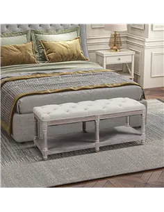 HOMCOM 2-Tier Bed End Bench, Vintage Stool, Wooden Window Seat with Storage Shelf, Button Tufted Upholstered Footstool for Livin 2