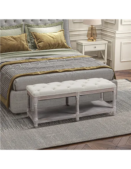 HOMCOM 2-Tier Bed End Bench, Vintage Stool, Wooden Window Seat with Storage Shelf, Button Tufted Upholstered Footstool for Livin
