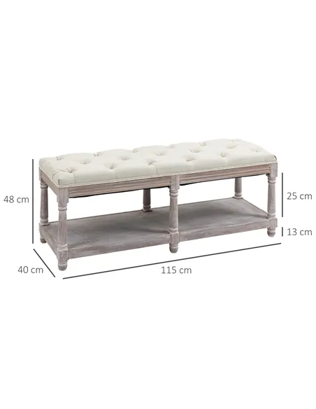 HOMCOM 2-Tier Bed End Bench, Vintage Stool, Wooden Window Seat with Storage Shelf, Button Tufted Upholstered Footstool for Livin