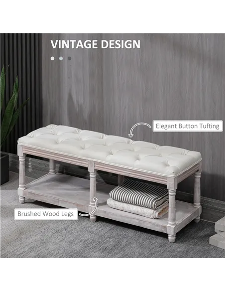 HOMCOM 2-Tier Bed End Bench, Vintage Stool, Wooden Window Seat with Storage Shelf, Button Tufted Upholstered Footstool for Livin