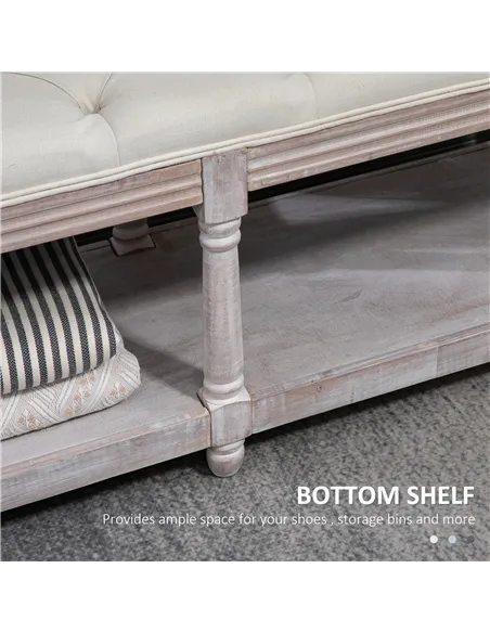 HOMCOM 2-Tier Bed End Bench, Vintage Stool, Wooden Window Seat with Storage Shelf, Button Tufted Upholstered Footstool for Livin