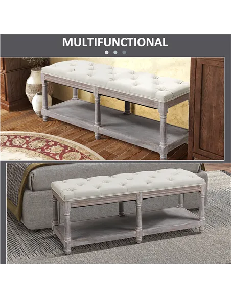 HOMCOM 2-Tier Bed End Bench, Vintage Stool, Wooden Window Seat with Storage Shelf, Button Tufted Upholstered Footstool for Livin