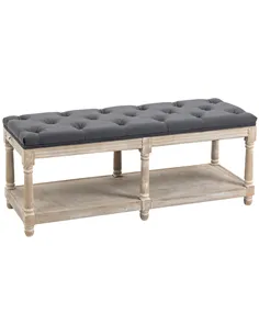 HOMCOM 2-Tier Bed End Bench, Vintage Stool, Wooden Window Seat with Storage Shelf, Button Tufted Upholstered Footstool for Livin