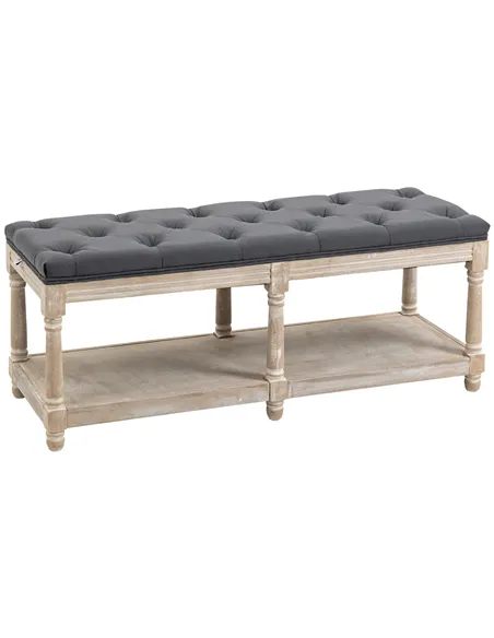 HOMCOM 2-Tier Bed End Bench, Vintage Stool, Wooden Window Seat with Storage Shelf, Button Tufted Upholstered Footstool for Livin