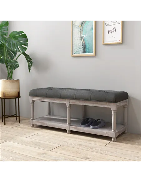 HOMCOM 2-Tier Bed End Bench, Vintage Stool, Wooden Window Seat with Storage Shelf, Button Tufted Upholstered Footstool for Livin