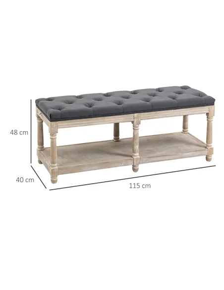 HOMCOM 2-Tier Bed End Bench, Vintage Stool, Wooden Window Seat with Storage Shelf, Button Tufted Upholstered Footstool for Livin