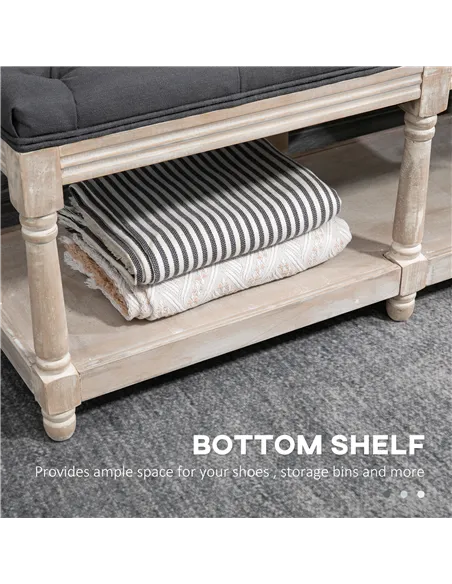 HOMCOM 2-Tier Bed End Bench, Vintage Stool, Wooden Window Seat with Storage Shelf, Button Tufted Upholstered Footstool for Livin