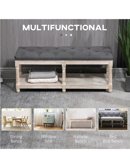 HOMCOM 2-Tier Bed End Bench, Vintage Stool, Wooden Window Seat with Storage Shelf, Button Tufted Upholstered Footstool for Livin