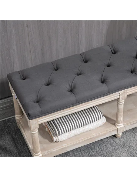 HOMCOM 2-Tier Bed End Bench, Vintage Stool, Wooden Window Seat with Storage Shelf, Button Tufted Upholstered Footstool for Livin
