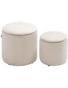 HOMCOM Set of 2 Round Ottoman with Storage, Fabric Vanity Stool for Makeup, Footrest Stool with Removable Lid for Living Room & 