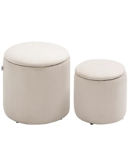 HOMCOM Set of 2 Round Ottoman with Storage, Fabric Vanity Stool for Makeup, Footrest Stool with Removable Lid for Living Room & 