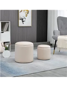 HOMCOM Set of 2 Round Ottoman with Storage, Fabric Vanity Stool for Makeup, Footrest Stool with Removable Lid for Living Room &  2