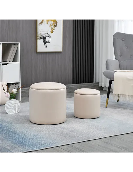 HOMCOM Set of 2 Round Ottoman with Storage, Fabric Vanity Stool for Makeup, Footrest Stool with Removable Lid for Living Room & 