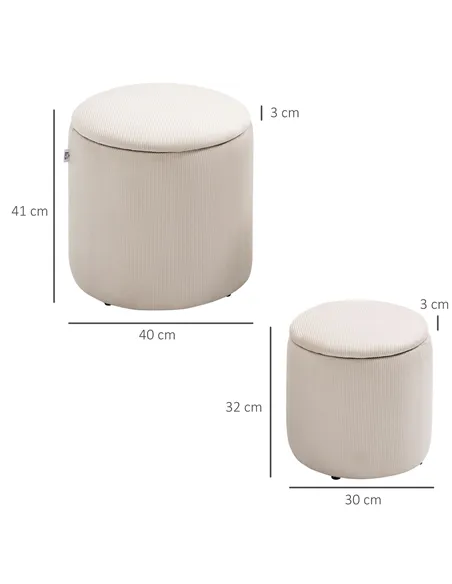 HOMCOM Set of 2 Round Ottoman with Storage, Fabric Vanity Stool for Makeup, Footrest Stool with Removable Lid for Living Room & 