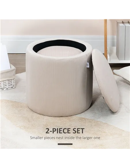 HOMCOM Set of 2 Round Ottoman with Storage, Fabric Vanity Stool for Makeup, Footrest Stool with Removable Lid for Living Room & 