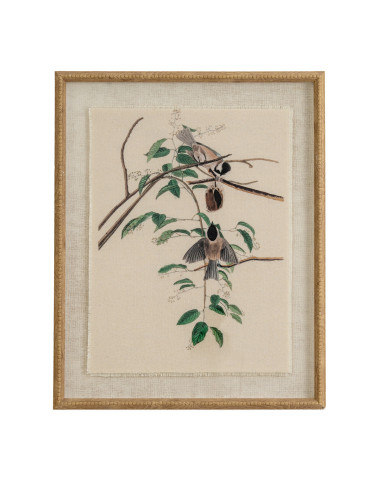 Hill Interiors Flora & Fauna Collection Chickadees On Linen In Beaded Frame 24197 - Authentic Hill Interiors furniture directly
