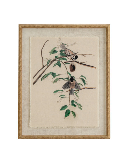 Hill Interiors Flora & Fauna Collection Chickadees On Linen In Beaded Frame 24197 - Authentic Hill Interiors furniture directly