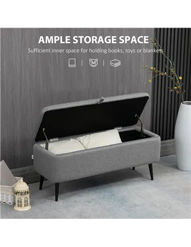 HOMCOM Storage Ottoman with Flip Top, Rectangular Upholstered Bench, Linen Look Fabric Footstool with Steel Legs for Living Room