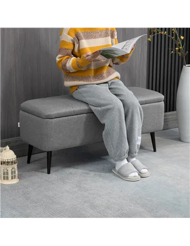 HOMCOM Storage Ottoman with Flip Top, Rectangular Upholstered Bench, Linen Look Fabric Footstool with Steel Legs for Living Room