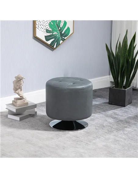 HOMCOM 360° Swivel Foot Stool Round PU Ottoman with Thick Sponge Padding and Solid Steel Base, Grey