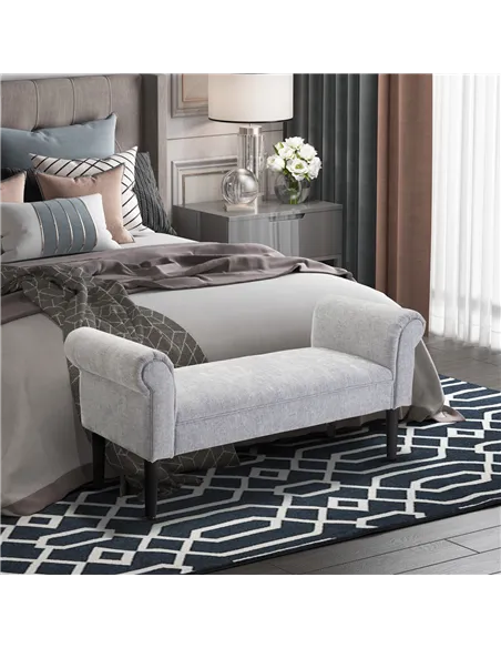 HOMCOM Bed End Bench, Window Seat, Linen Chaise Lounge Sofa with Arm and Wooden Legs for Bedroom, Living Room, Grey