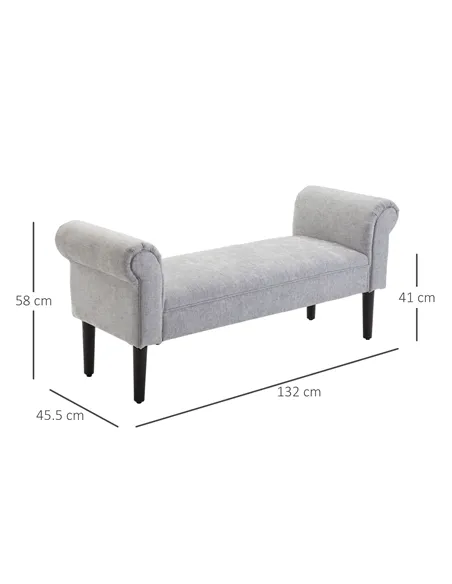 HOMCOM Bed End Bench, Window Seat, Linen Chaise Lounge Sofa with Arm and Wooden Legs for Bedroom, Living Room, Grey