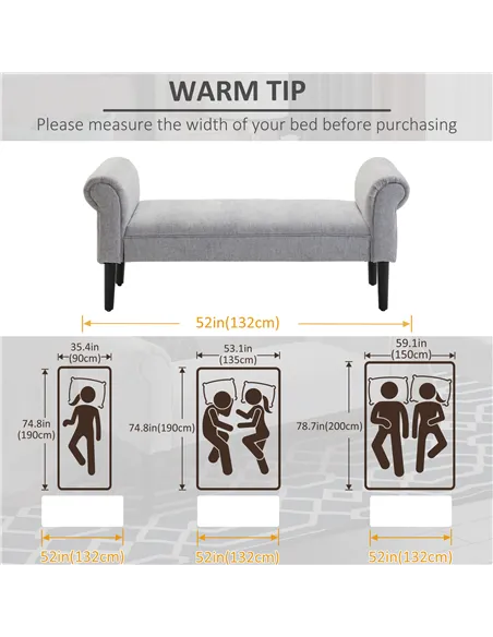 HOMCOM Bed End Bench, Window Seat, Linen Chaise Lounge Sofa with Arm and Wooden Legs for Bedroom, Living Room, Grey