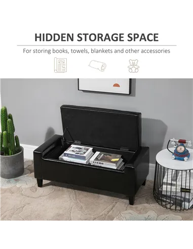 HOMCOM PU Leather Storage Ottoman Bench Storage Chest Tufted Ottoman Cube w/ Flipping Top 92L x 40W x 40H cm Black