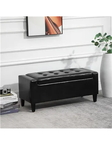 HOMCOM PU Leather Storage Ottoman Bench Storage Chest Tufted Ottoman Cube w/ Flipping Top 92L x 40W x 40H cm Black