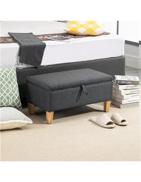 HOMCOM 30L Linen Storage Ottoman Padded Footstool with Rubberwood Legs for Storage Box, Bed End, Shoe Bench, Seating, Dark Grey