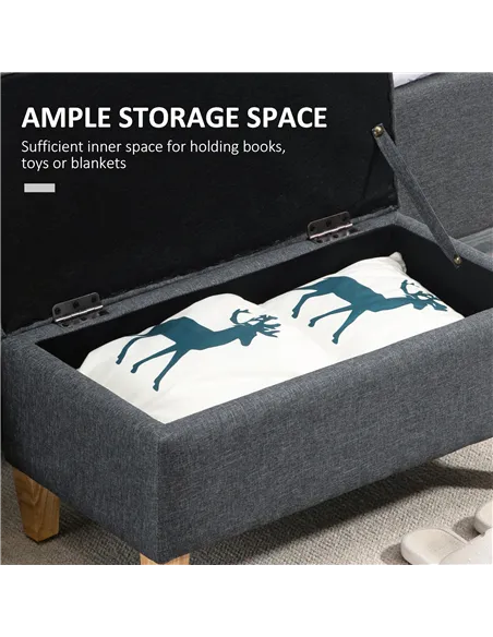 HOMCOM 30L Linen Storage Ottoman Padded Footstool with Rubberwood Legs for Storage Box, Bed End, Shoe Bench, Seating, Dark Grey