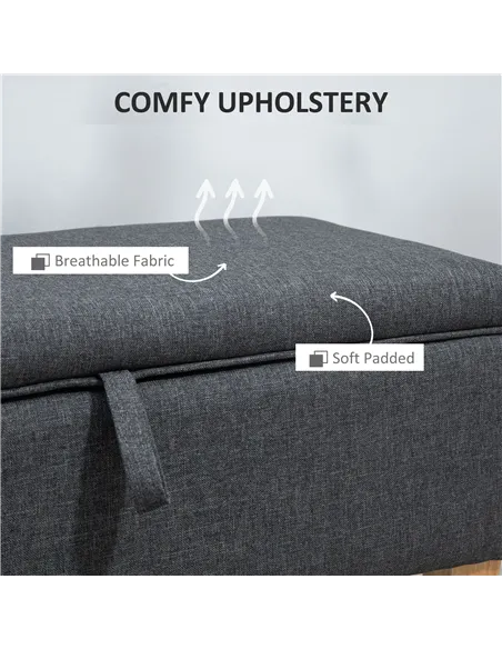 HOMCOM 30L Linen Storage Ottoman Padded Footstool with Rubberwood Legs for Storage Box, Bed End, Shoe Bench, Seating, Dark Grey