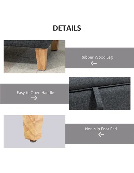 HOMCOM 30L Linen Storage Ottoman Padded Footstool with Rubberwood Legs for Storage Box, Bed End, Shoe Bench, Seating, Dark Grey