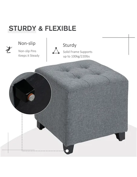 HOMCOM Linen-Look Square Ottoman Footstool w/ Button Tufts Wood Frame Padding Fabric Upholstered Stylish Home Furniture Footrest