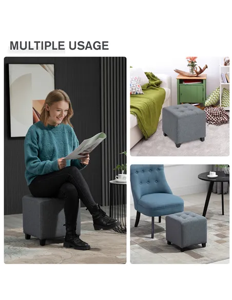 HOMCOM Linen-Look Square Ottoman Footstool w/ Button Tufts Wood Frame Padding Fabric Upholstered Stylish Home Furniture Footrest