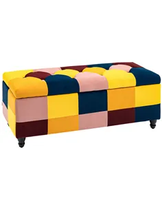 HOMCOM 114 x 47 x 47cm Velvet Storage Ottoman, Button-tufted Footstool Box, Toy Chest with Lid for Living Room, Bedroom, Multico