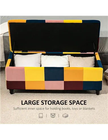 HOMCOM 114 x 47 x 47cm Velvet Storage Ottoman, Button-tufted Footstool Box, Toy Chest with Lid for Living Room, Bedroom, Multico
