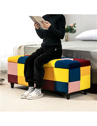 HOMCOM 114 x 47 x 47cm Velvet Storage Ottoman, Button-tufted Footstool Box, Toy Chest with Lid for Living Room, Bedroom, Multico