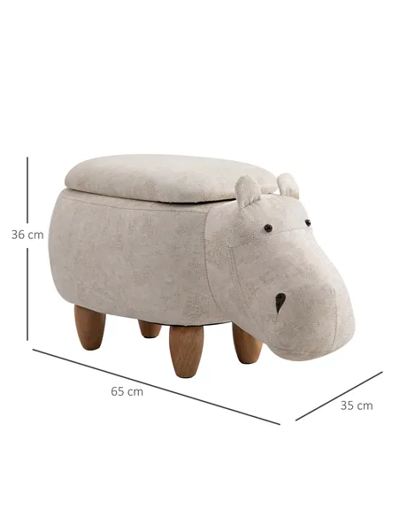 HOMCOM Hippo Storage Stool Cute Decoration Footrest Wood Frame Legs with Padding Lid Ottoman Animal Furniture Cream 36 x 65cm