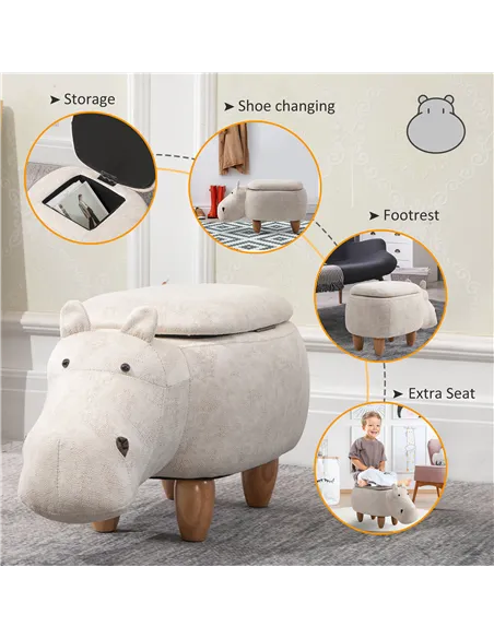HOMCOM Hippo Storage Stool Cute Decoration Footrest Wood Frame Legs with Padding Lid Ottoman Animal Furniture Cream 36 x 65cm