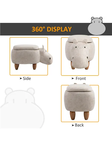 HOMCOM Hippo Storage Stool Cute Decoration Footrest Wood Frame Legs with Padding Lid Ottoman Animal Furniture Cream 36 x 65cm