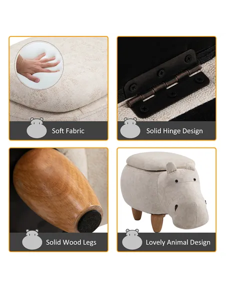 HOMCOM Hippo Storage Stool Cute Decoration Footrest Wood Frame Legs with Padding Lid Ottoman Animal Furniture Cream 36 x 65cm