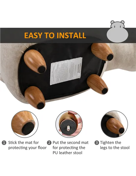 HOMCOM Hippo Storage Stool Cute Decoration Footrest Wood Frame Legs with Padding Lid Ottoman Animal Furniture Cream 36 x 65cm