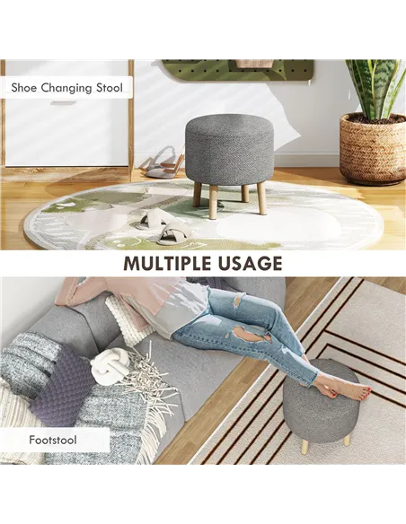 HOMCOM Round Linen-Look Storage Ottoman - Light Grey
