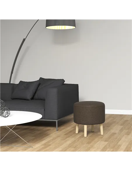 HOMCOM Round Ottoman Stool with Storage, Linen Fabric Upholstered Foot Stool with Padded Seat, Hidden Space and Wood Legs