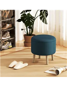 HOMCOM Round Linen-Look Storage Ottoman - Blue 2